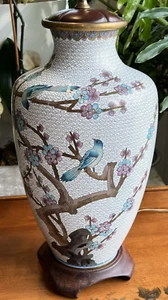 Antique Chinese Cloisonne Cherry Blossom Branch Vase Lamp With Wood Base 17" - Bild 1 von 16