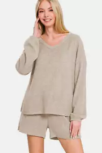 Zenana V-Neck Long Sleeve Ribbed Top and Shorts Set - Picture 1 of 4