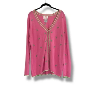Quacker Factory Cardigan Size MED Pink Green Grasshoppers Long Sleeve Silk Blend - Picture 1 of 6