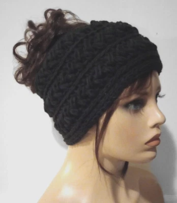 女士钩针编织手工凌乱发髻帽套头帽黑色 — 第 1/3 张图片