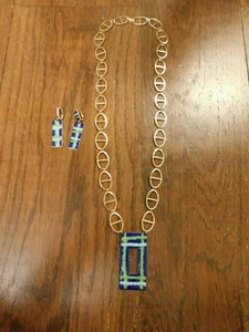 Conjunto de Collar y Pendientes Mod Rectángulo Distintivo Esmalte Azul Verde Tono Dorado De Colección - Imagen 1 de 11