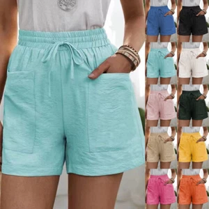 Plus Size Womens Ladies Linen Elastic Waist Shorts Summer Beach Sport Hot Pants - Picture 1 of 22