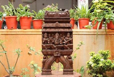 Ganesha Lakshmi Saraswati 雕像木制墙板雕塑印度教家居装饰  — 第 1/4 张图片