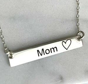 Bar Necklace Mom Heart Sterling Silver Women Pendent Mothers Day gift - Picture 1 of 6