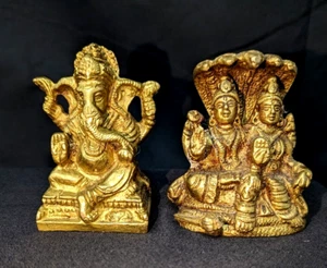 Two Brass Statues 2.5” Ganesha, Lord Vishnu & Lakshmi Ji Hinduism India - Picture 1 of 18