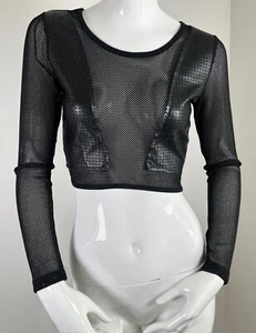 E-LADY BLACK SHEER MESH CROPPED TOP WITH VEGAN LEATHER PANELS LONG SLEEVE SIZE 8 - Picture 1 of 6
