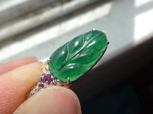 18k Solid Gold Diamond Natural A Jadeite Jade Icy Emerald Green Leaf Pendant - Picture 1 of 11