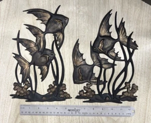 PAIR Vintage Sexton Metal Tropical Angel Fish Hanging Wall Art Black Gold SET 2 - Picture 1 of 10