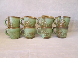 SET 8 FRANKOMA Pottery PRAIRE GREEN Mayan Aztec Coffee Mugs Cups Vintage 7C - Picture 1 of 10