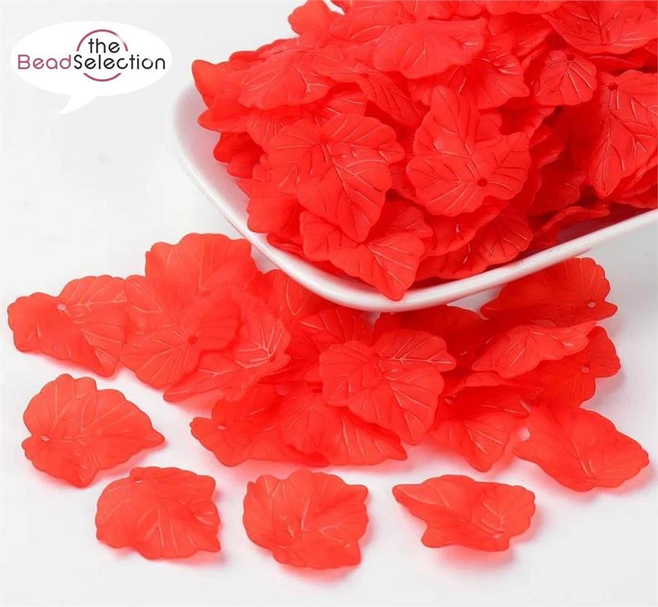 40 RED FROSTED LUCITE ACRYLIC LEAF BEADS  CHARMS 24mm x 22mm LUC61 - Image 1 of 2