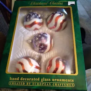 Vtg Commodore Christmas Classics Glass Ornaments Flag ColorsRound 5 Original Box - Picture 1 of 9