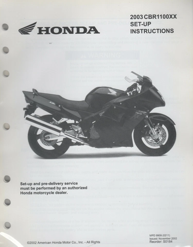 2003 HONDA MOTORCYCLE CBR1100XX SET-UP PRE-DELIVERY INSTRUCTIONS MANUAL (916) - Imagem 1 de 1