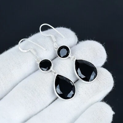 Graziosa Nero Spinello Gemma Fatto a Mano Gioielli 925 Argento Orecchini Regali - Immagine 1 di 4