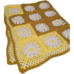 Vtg Yellow And Mustard 52" X 40" Daisy Granny Square Crocheted Afghan Throw - Picture 1 of 5