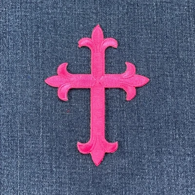 Cross Applique Patch - Embroidered Hot Pink Fuchsia Christian Jesus Badge 4" - Image 1 of 2