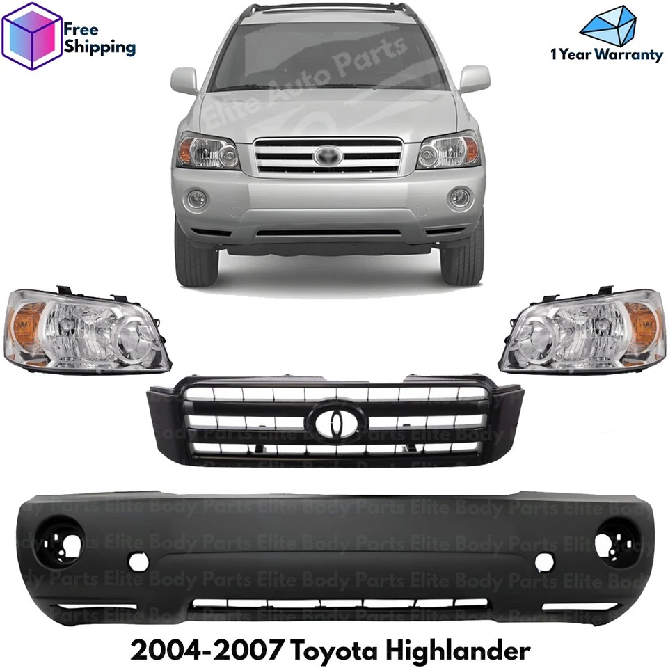 Front Bumper Cover Primed & Headlights Kit For 2004-2007 Toyota Highlander Foto 1 de 4