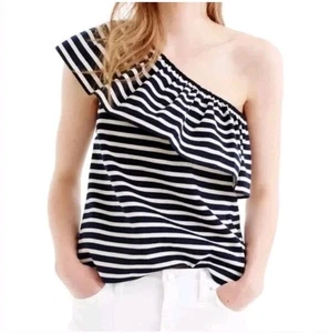 J. CREW size Medium Ruffled One Shoulder Top Nautical Preppy Black Ivory Stripes - Picture 1 of 10