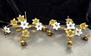 1900s Rare Pair of 3-light Candelabra Brass Wall Sconces Milk Glass Flowers 15"W - Picture 1 of 18