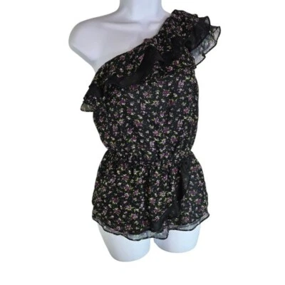 De colección Y2k Bebe Coqueta Hada Capricho Negro Floral Seda Volantes Una Manga  Foto 1 de 4