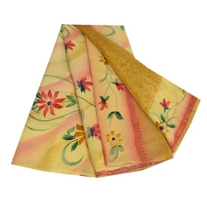 Sanskriti Vintage Sarees Multicolor Pure Crepe Silk Print Sari 5Yd Craft Fabric - Picture 1 of 12