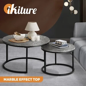 Oikiture Set of 2 Coffee Table Round Marble-like Nesting Side Tables Grey Black - Picture 1 of 11