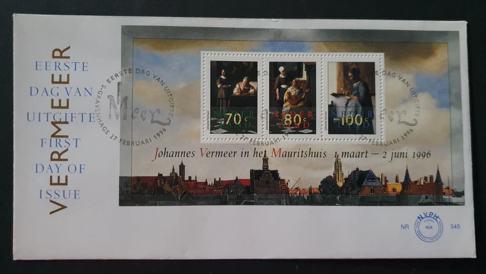 1996 NETHERLANDS NEDERLAND SHEET VERMEER PAINTINGS ART NR 345 FDC - Image 1 of 1