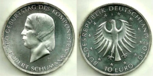 manueduc  ALEMANIA 2010 10 EUROS PLATA 925 mm. Ceca J  Robert Schumann - Foto 1 di 1