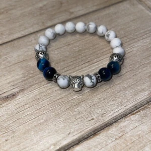 Blue Tiger Eye And Howlite With Silver Leopard Accent Bracelet Natural Gemstone - Picture 1 of 1