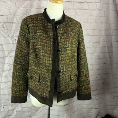 Chaqueta de tweed Talbots Petites marrón oliva naranja frente abierto talla 14P business Foto 1 de 4