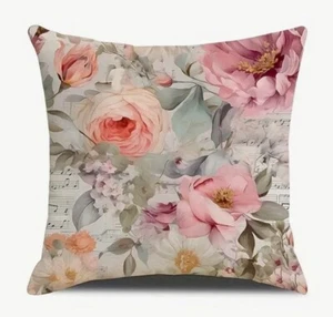 Vintage Roses Peony Floral Music French Linen Throw Pillow Cover Home Decor 18” - Picture 1 of 6