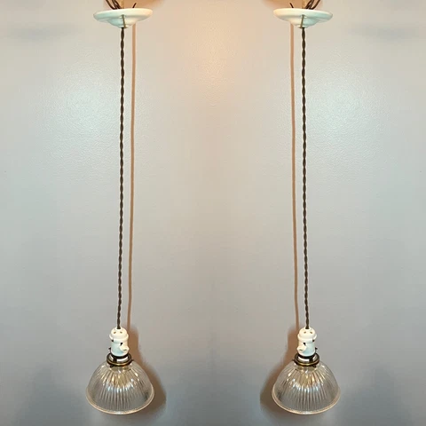 Pair Antique Pendant Lights With Shades Porcelain Sockets 144B Cover