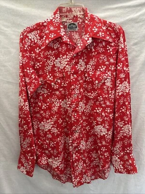 Vtg 70s MILLER Rayon & Cotton Western Red & White Floral Pearl Snap Shirt Sm - Image 1 of 4