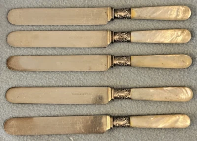 (5) Vintage Gorham MFG Co SP Knives 5 Sterling?? Banded Mother Of Pearl Handle - Image 1 of 4