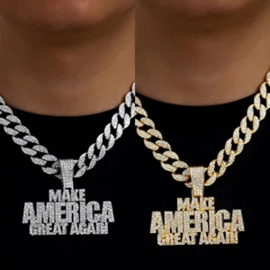 Hip Hop Iced Make America Pendant Necklaces Punk CZ Letter Crystal Chain Jewelry - Picture 1 of 21