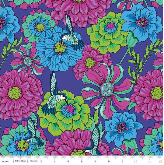 BOTANIC BLAST BY RILEY BLAKE PURPLE ZINNIAS HUMMINGBIRDS FLORAL FABRIC COTTON HY - Image 1 of 1
