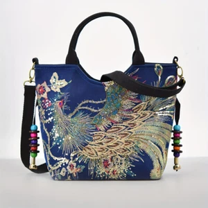 Sequins Peacock Embroidered Bag Ethnic Style Women Shopping Messenger Handbag - Picture 1 of 24