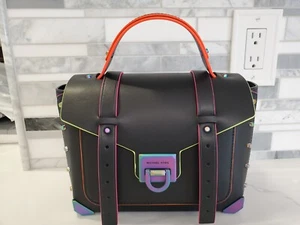 New Michael Kors Black Neon MANHATTAN Crossbody School Satchel Bag Purse - Picture 1 of 6