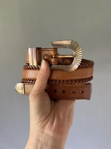 VTG Leather Composite Belt SZ Small Silver Plate? Tan Woven Western Cowboy 90s - Picture 1 of 12