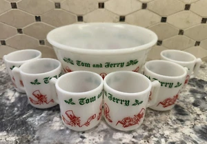 Vtg Hazel-Atlas Tom Jerry Punch Bowl Set 6 Mugs Milk Glass Holiday Egg Nog MCM - Picture 1 of 6