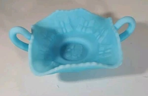 Blue Milk Glass Candy Dish by Fenton with 2 Handle's & Butterfly Design - Picture 1 of 12