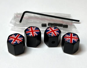 Tyre Valve Dust Caps Locking Black Union Jack UK seller FITS ALL CARS - Picture 1 of 6