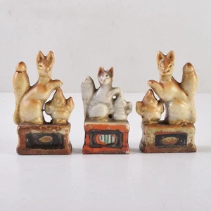 Inari God Pottery Statue 2.8 & 2.4 inch tall Japanese Antique Figurine Shrine - Picture 1 of 16