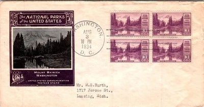 UNITED STATES 1934 CACHET FDC COVER NATIONAL PARK MOUNT RAINIER ADDR & POSTMARK - Image 1 of 2