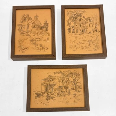 De colección Años 70 Set 3 C. Warren Cullar Firmado Enmarcado Western Church Hotel House 22/3000 Foto 1 de 4
