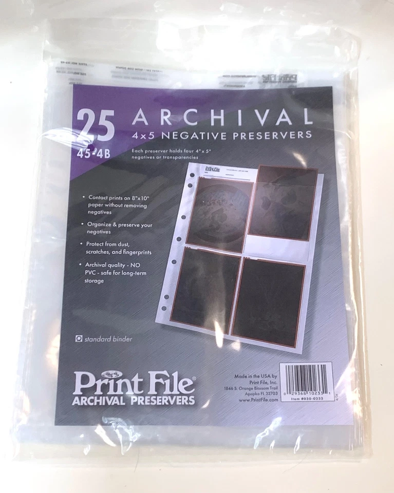 *NEW* 25-Pack Print File, 45-4B, Archival Negative Preservers Pages For  4 x 5" - Image 1 of 1