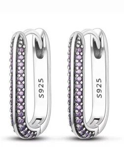 STERLING SILVER .925 U SHAPED WOMEN'S AMETHYST HOOP EARRINGS - Picture 1 of 4