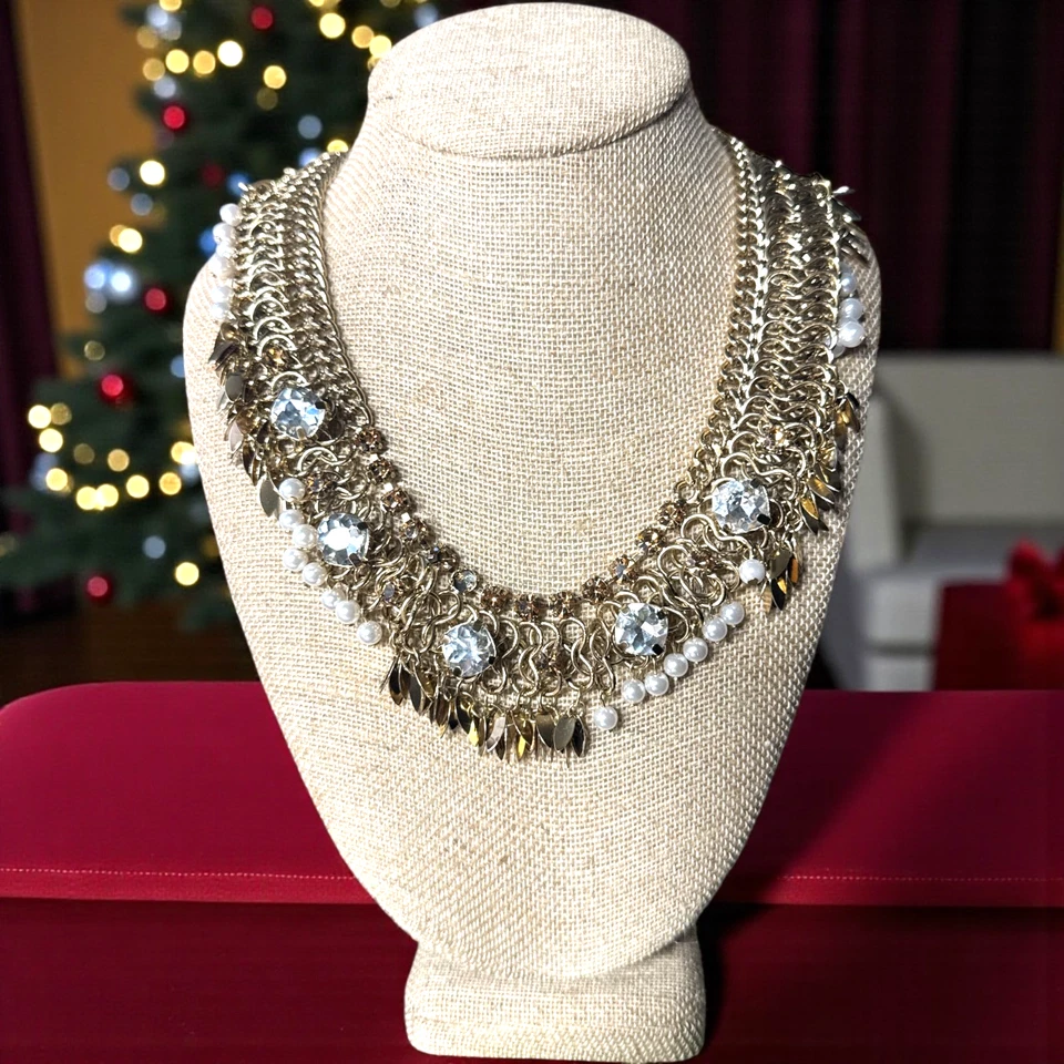 TALBOTS Gold Tone Crystal & Faux Pearl Choker Statement Necklace T471 - Image 1 of 4