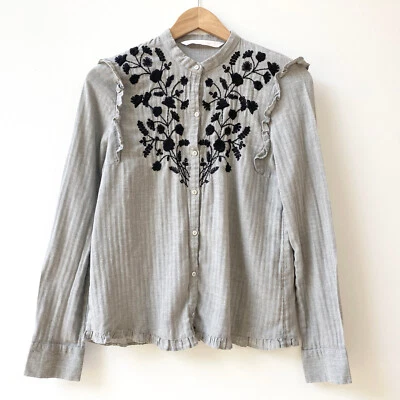 Camisa Zara Trafaluc Mujer Manga Larga Abotonada Talla XS Gris Negro Bordado Foto 1 de 4