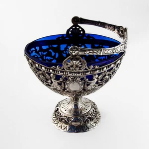 German Ornate Cutwork Sugar Basket Cobalt Liner 800 Silver 1860 - Picture 1 of 6