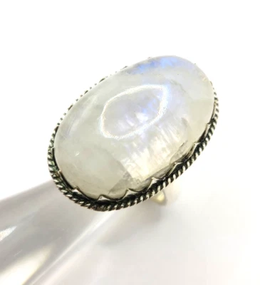 Anillo Arco Iris Piedra Lunar Forma Ovalada Plata de Ley 925, Hecho a Mano talla 9.5 Foto 1 de 4